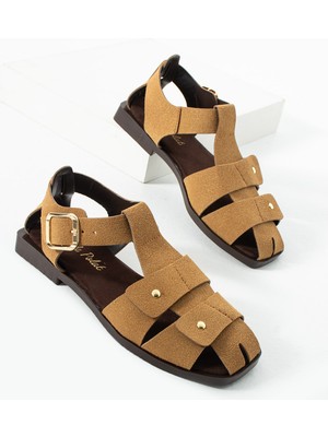 Dicle Polat Kadın Taba Süet Tokalı Sandalet – Düz Taban Rahat Günlük Yazlık Kadın Sandalet Ayakkabı Calına