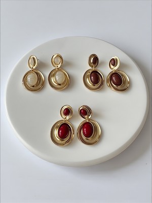 QA Quella Accessories Özel Seri Daire Sallantılı Opal Taş Bordo & Krem & Kahve 14K Gold Küpe - Kahverengi