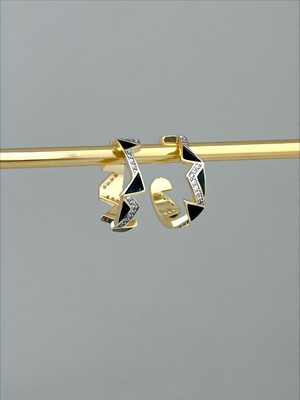 QA Quella Accessories Rodyum Zikzak Siyah Mineli Beyaz Zirkon Taşlı 14 Ayar Altın Kaplama Gold Küpe