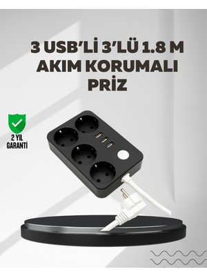 Hayat Store 4.1A Hızlı Şarjlı Akım Korumalı 4 Priz ve 3 USB Çıkışlı Priz - Lisinya