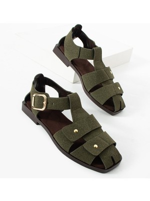 Dicle Polat Kadın Haki Yeşil Süet Tokalı Sandalet Düz Taban Rahat Günlük  Sandalet Ayakkabı Calına
