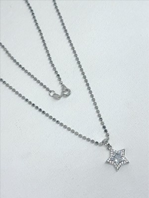 QA Quella Accessories Çelik Mini Yassı Arpa Ezme Zincir Zirkon Yıldız Sallantılı 14K Gümüş Kolye 50 cm