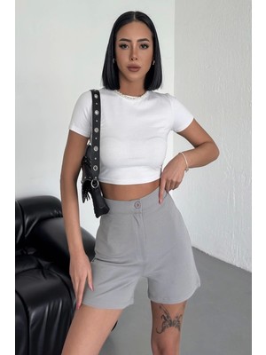 Hayat Store Tarz ve Rahatlığı Bir Arada Sunan Yüksek Bel Esnek Likralı Krep Şort Gri ( Lisinya )