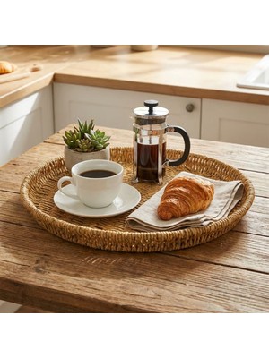 Didart® 35 cm Plastik Rattan Tepsi - Hasır Görünümlü Dekoratif Servis Tepsisi, Mutfak, Kahvaltı, Sunum ve Masaüstü Çok Amaçlı Organizer