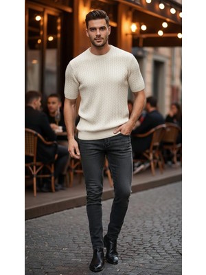 Jakc Ways Fitilli Oversize Bisiklet Yaka Triko / Sıfır Yaka Kazak