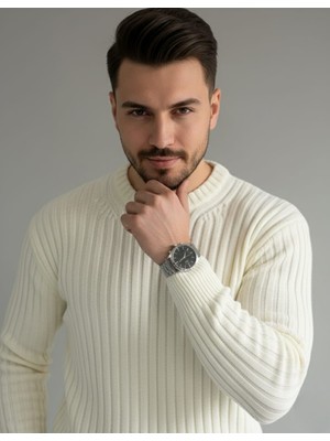 Jakc Ways Fitilli Oversize Bisiklet Yaka Triko / Sıfır Yaka Kazak
