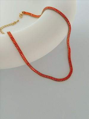 QA Quella Accessories Rodyum Turuncu Zirkon Baget Su Yolu 14K Gold Choker Kolye 32+5 cm