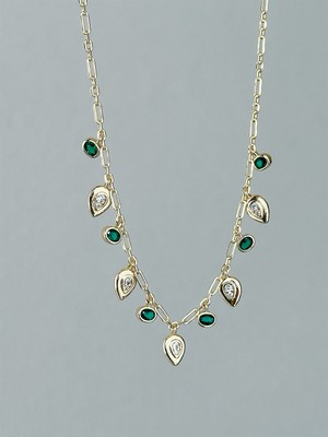 QA Quella Accessories Özel Seri  Damla  Zümrüt Yeşili Zirkon Sallantılı 14K Gold Kolye 40+5 cm