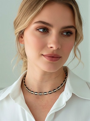 QA Quella Accessories Rodyum Tasarım Badem Zirkon Taş  Kahve & Siyah 14 Ayar Altın Kaplama Gold Choker Kolye 33+5 cm - Siyah