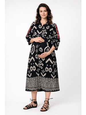 Park Moda %100 Pamuklu Siyah Nakışlı Yazlık Cepli Hamile Gömlek Elbise