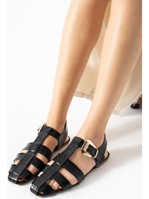 Dicle Polat Kadın Siyah Tokalı Kafes Sandalet  Günlük Ayakkabı Gladiator