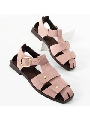 Dicle Polat Kadın Pudra Süet Tokalı Sandalet – Düz Taban Rahat Günlük Yazlık Kadın Sandalet Ayakkabı Calına