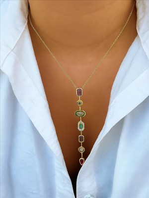 QA Quella Accessories Çelik 7 Element Renkli Zirkon Y Kolye 40+10 cm