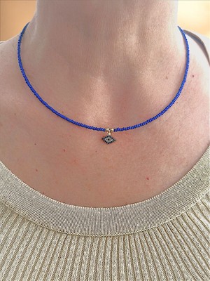 QA Quella Accessories Lak Kaplama Dörtgen Nazar Göz Koyu Mavi Boncuk Gold Kolye