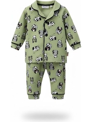Panda Baskılı Erkek  Bebek Pijama Takım - Yeşil - 6 - 9 Ay Yeşil