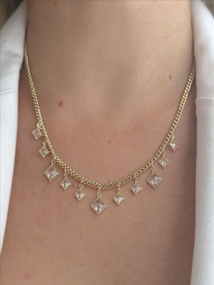 QA Quella Accessories Rodyum Zirkon Kare Pul Sallantılı 14K Gold Kolye 43+5 cm