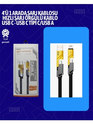 Hayat Store Usb-C ve Lightning Uyumlu 4'ü 1 Arada Kablo – 65W Hızlı Şarj, Örgülü Dayanıklı Yapı - Lisinya