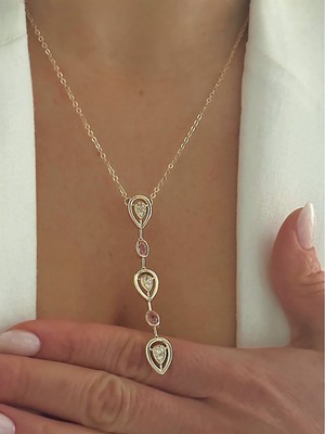 QA Quella Accessories Rodyum Pembe Beyaz Zirkon Taş 14 Ayar Altın Kaplama Gold Y Kolye 50+5 cm