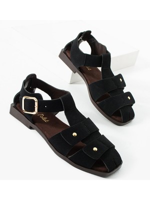 Dicle Polat Kadın Siyah Süet Tokalı Sandalet – Düz Taban Rahat Günlük Yazlık Kadın Sandalet Ayakkabı Calına