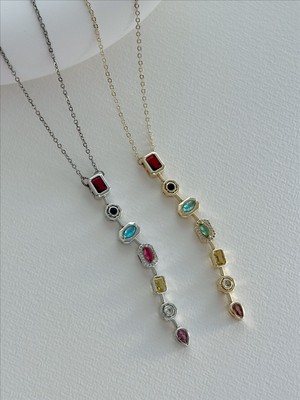 QA Quella Accessories Rodyum 7 Element Renkli Zirkon Gümüş & 14 Ayar Gold Y Kolye 45+5 cm - Gümüş