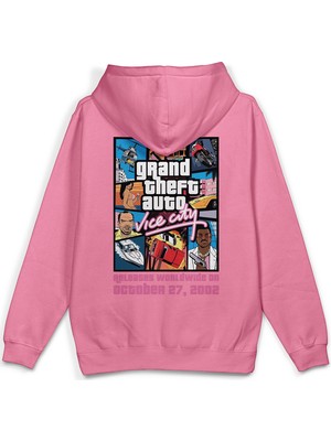 Overoz Gta Vice City Sırt Baskılı Kapüşonlu Yarı Oversize Sweatshirt Pembe Hoodie 1314