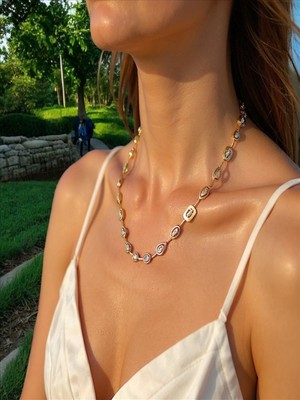 QA Quella Accessories Rodyum Zirkon Tasarım  14K Gold Kolye 48 cm