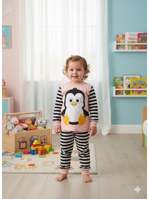 Yağmur Giyim Supermını Penguen Desenli Pamuklu Kız Çocuk Pijama Takımı 1-3 Yaş 1215