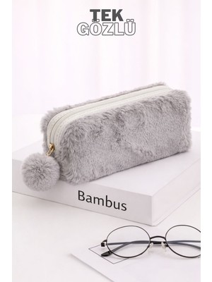 Bambus Home Peluş Tek Gözlü Bölmeli Okul Için Ponponlu Çok Amaçlı Organizer Kalemlik Kalem Kutusu