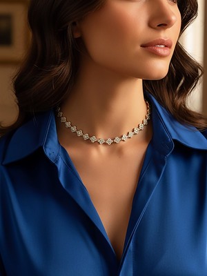 QA Quella Accessories Rodyum Vc  Yonca Zirkon 14 Ayar Altın Kaplama Gümüş & Gold Kolye 40+2 cm - Gümüş