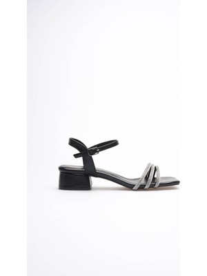 Roof Atelier Kadın Siyah Taşlı Bant Detaylı Kısa Topuklu Abiye Ayakkabı - Esnude