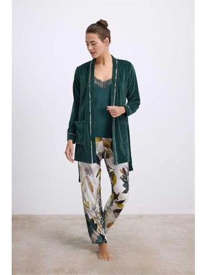 Hayat Store Arias Closet Kadife Sabahlık, Dantelli Atlet ve Desenli Pantolon Pijama Takımı