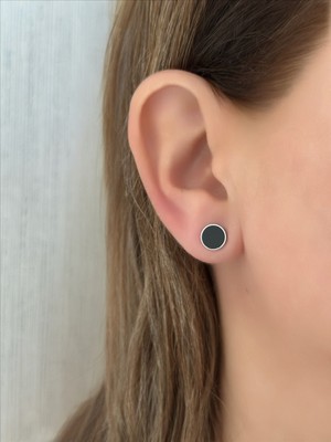 QA Quella Accessories Çelik Mini Yassı Siyah Daire Gümüş & Gold Küpe - Gümüş