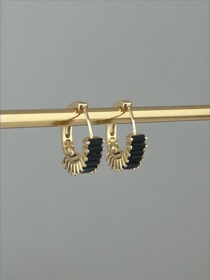 QA Quella Accessories Rodyum Halka Siyah Kristal Taş Baget Zirkon 14 Ayar Altın Kaplama Gold Küpe