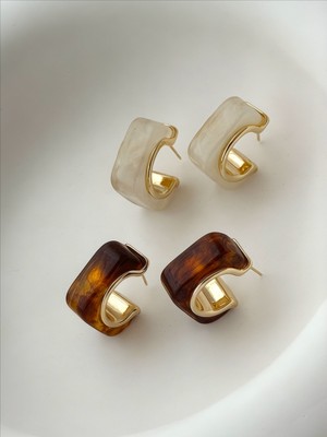 QA Quella Accessories Özel Seri Kare Akrilik Kahve & Krem 14 Ayar Altın Kaplama Gold Halka Küpe - Kahverengi