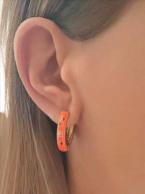 QA Quella Accessories Rodyum Turuncu Mini Çiçekli Halka Gold Küpe