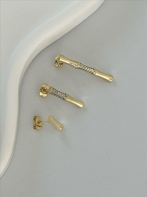QA Quella Accessories Rodyum Kemik Zirkon 14K Altın Kaplama Gold Küpeler - 1 cm