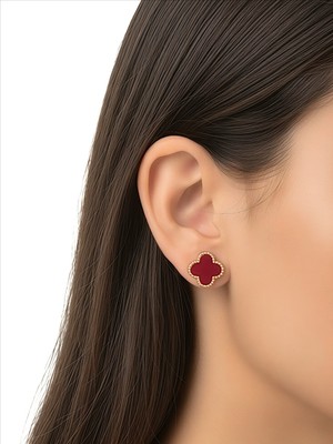 QA Quella Accessories Çelik Yonca   Kırmızı 14K Altın Kaplama Gold Küpe