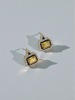 QA Quella Accessories Özel Seri Sarı-Siyah Kristal Beyaz Zirkon Kare 14K Gold Küpe