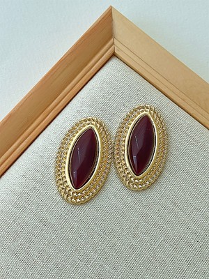 QA Quella Accessories Özel Seri Vintage  Koyu Bordo 14 Ayar Altın Kaplama Işlemeli Gold Küpe