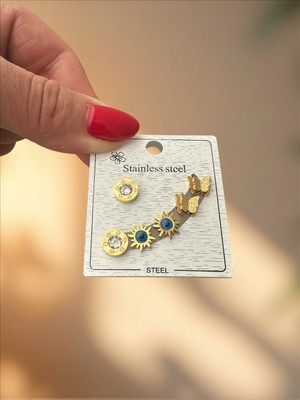 QA Quella Accessories Çelik Nazar Güneş-Sim Kelebek-Zirkon Taş 6 Lı Set Küpe