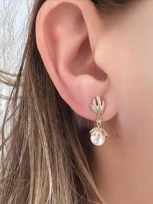 QA Quella Accessories Xuping Zirkon Beyaz Inci Sallantılı Soft Rose Gold Küpe