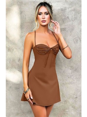 Hayat Store Arias Closet Özel Tasarım Ince Askılı Sırt Dekolteli Kahverengi Mini Saten Gecelik