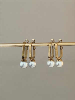 QA Quella Accessories Çelik Oval Mavi & Beyaz Inci Sallantılı Gold Küpeler - Beyaz