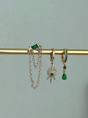 QA Quella Accessories Özel Seri Üçlü Yeşil Zirkon Göz Sallantılı Gold Küpe