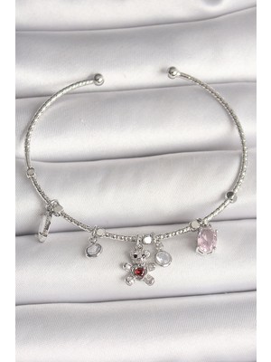 Emh Store Pirinç Gümüş Renk Sallantı Zirkon Taşlı Ayıcık Figür Kırmızı Taş Detay Charm Kadın Bileklik - TJ-BB6912