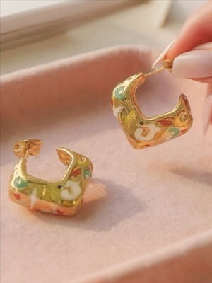 QA Quella Accessories Rodyum Tasarım Renkli Leopar Desen 14K Altın Kaplama Gold Küpe