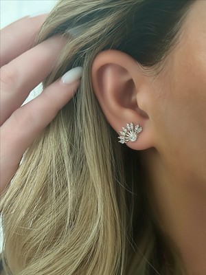 QA Quella Accessories Çelik Mini Zirkon Yelpaze  14K Gold Küpe