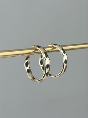 QA Quella Accessories Rodyum Halka Siyah Zirkon Taş Leopar Desen 14 Ayar Altın Kaplama Gold Küpe