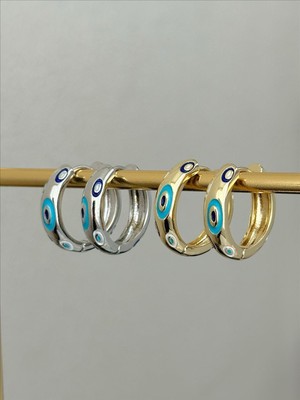 QA Quella Accessories Çelik Halka Nazar Göz Desen Gümüş & Gold Küpeler - Gold