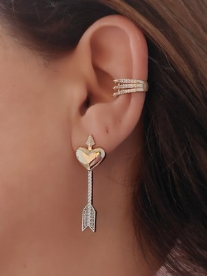 QA Quella Accessories Özel Seri 14K Kalp Gümüş Ok Uzun Gold Küpe